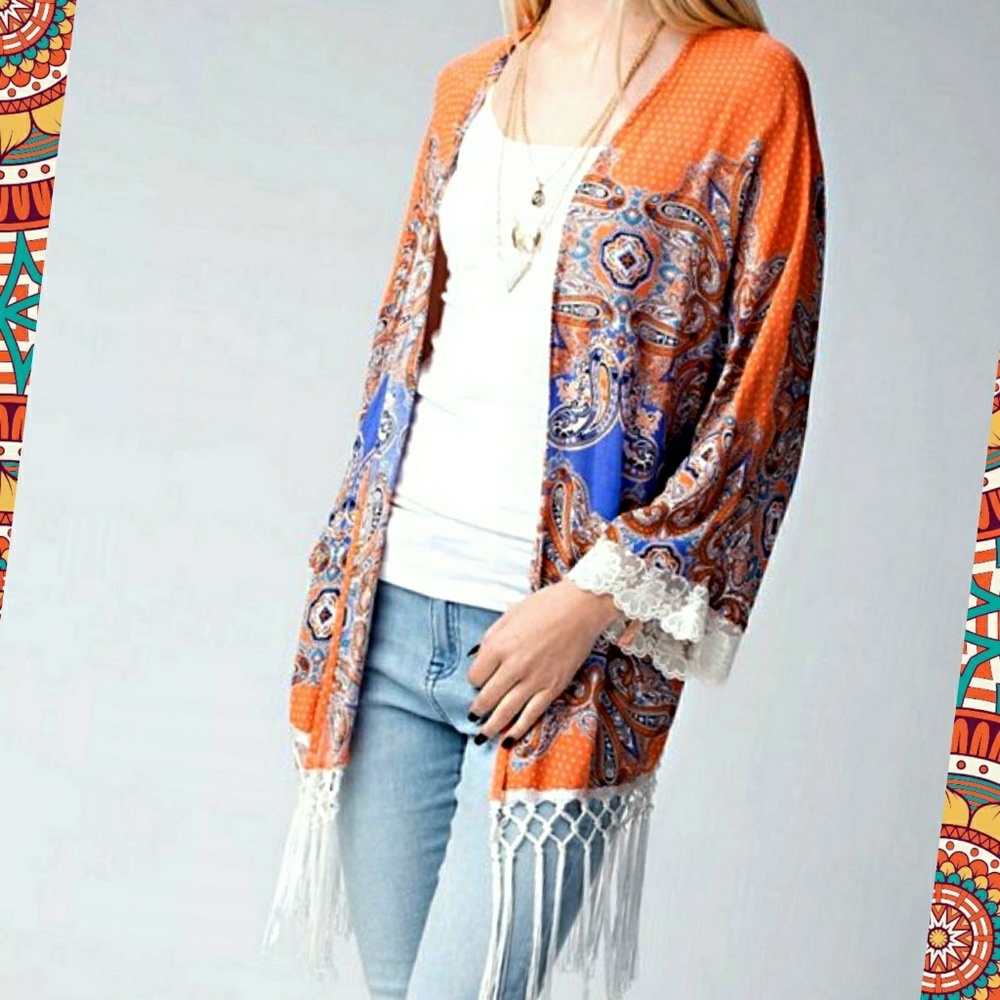 Boho Paisley Kimono With Lace & Fringe Detail - Picture 2 of 8